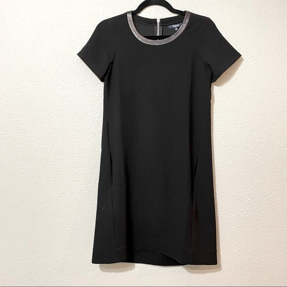 Madewell Black Leather Trim Mini Dress Womens XXS Short Sleeve Dark Academia - Picture 1 of 9